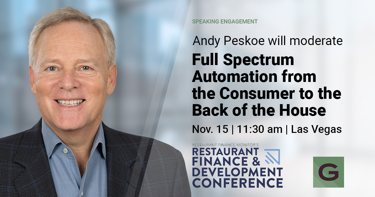 Andy Peskoe will moderate “Full Spectrum Automation from the Consumer to the Back of the House” panel